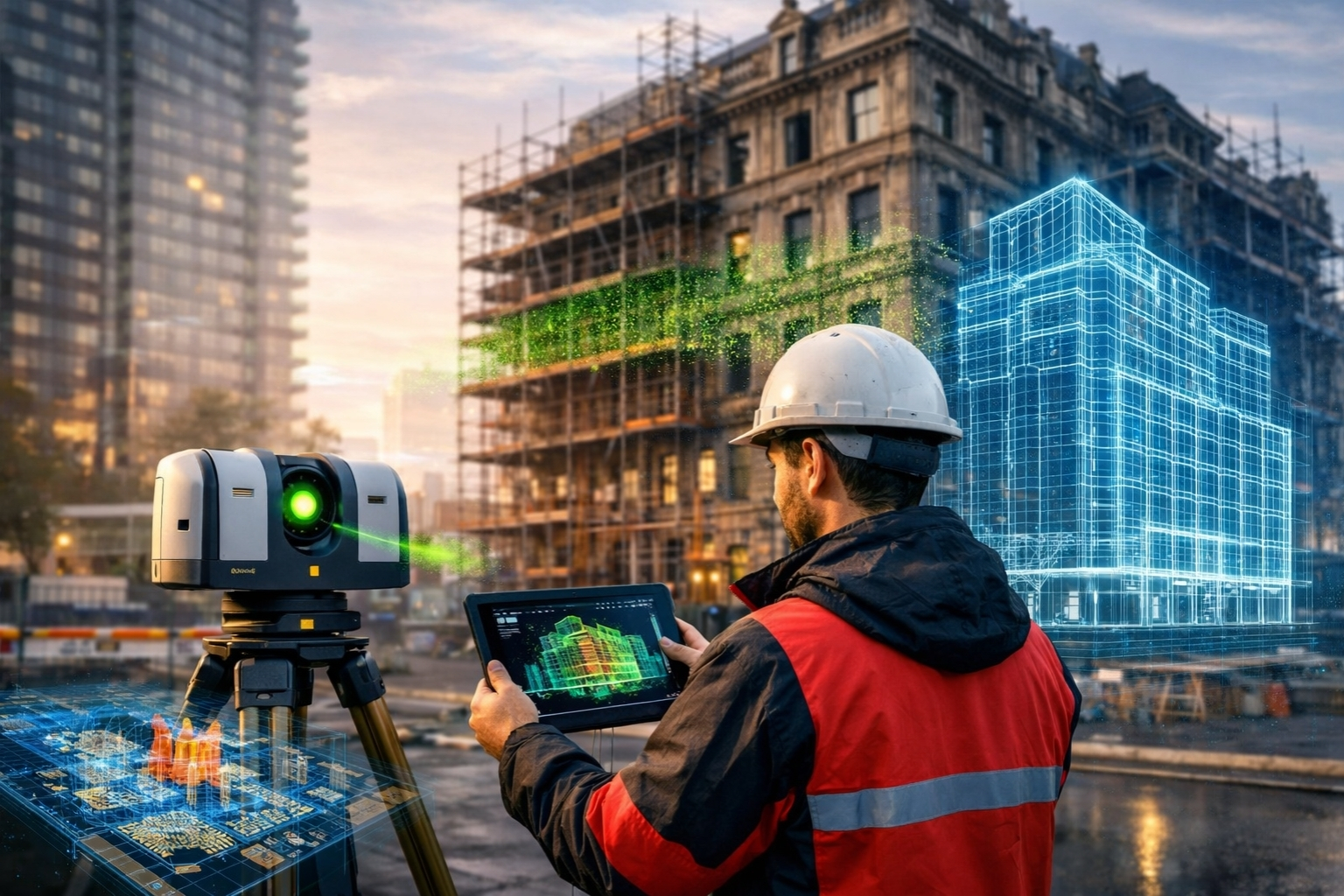 Proceso de escaneo de edificios 3d laser con tecnología LiDAR