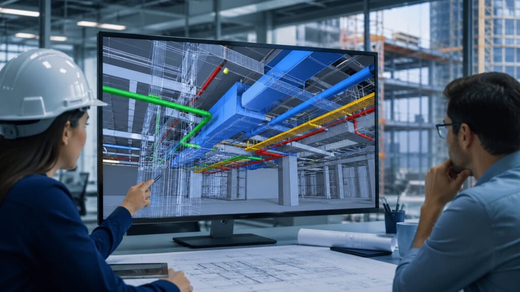 Ingenieros revisando un modelo BIM con instalaciones MEP en una pantalla durante la coordinación