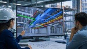 Ingenieros revisando un modelo BIM con instalaciones MEP en una pantalla durante la coordinación