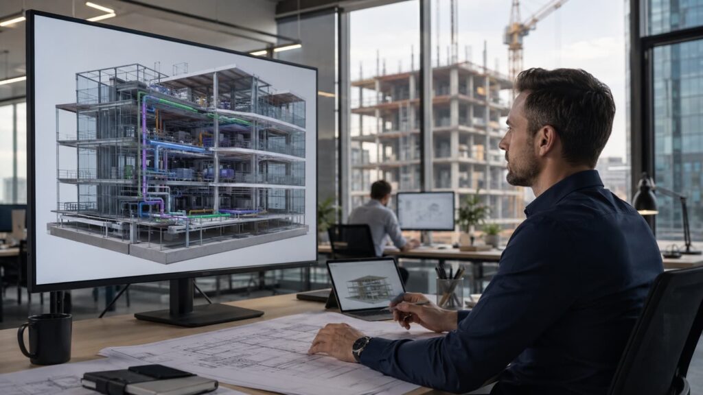 Arquitecto revisando un modelo BIM 3D en una oficina técnica con planos de construcción