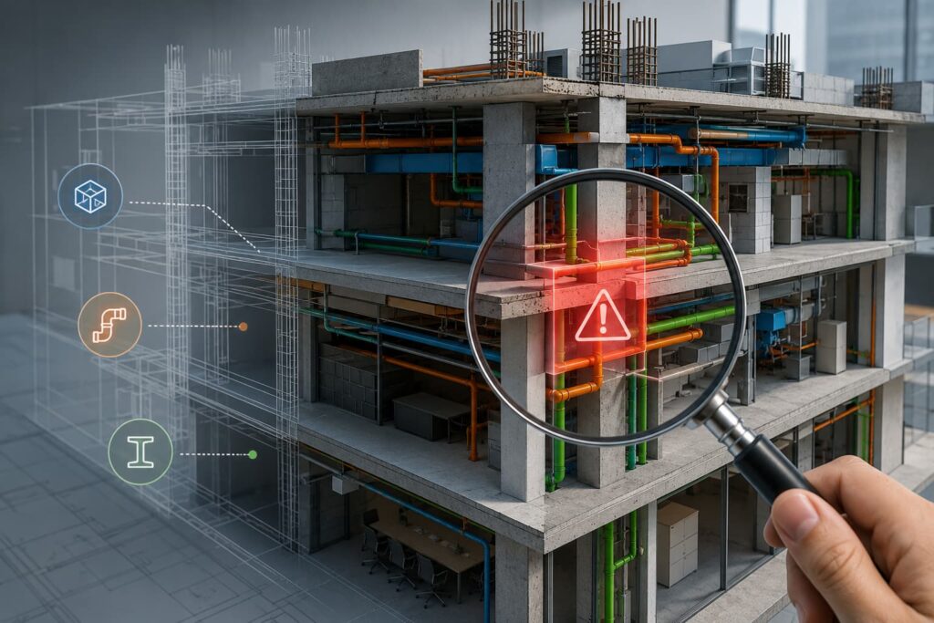 Clash Detection BIM para detectar interferencias entre estructura e instalaciones antes de iniciar construcción