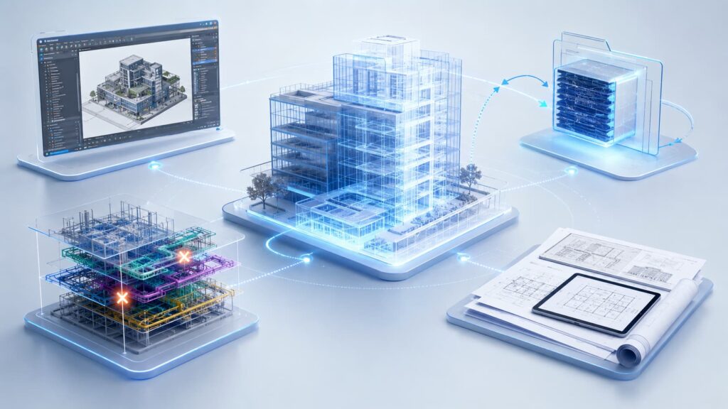 Modelo BIM de edificio conectado con archivos RVT, IFC, NWC y planos PDF para coordinación de proyectos.