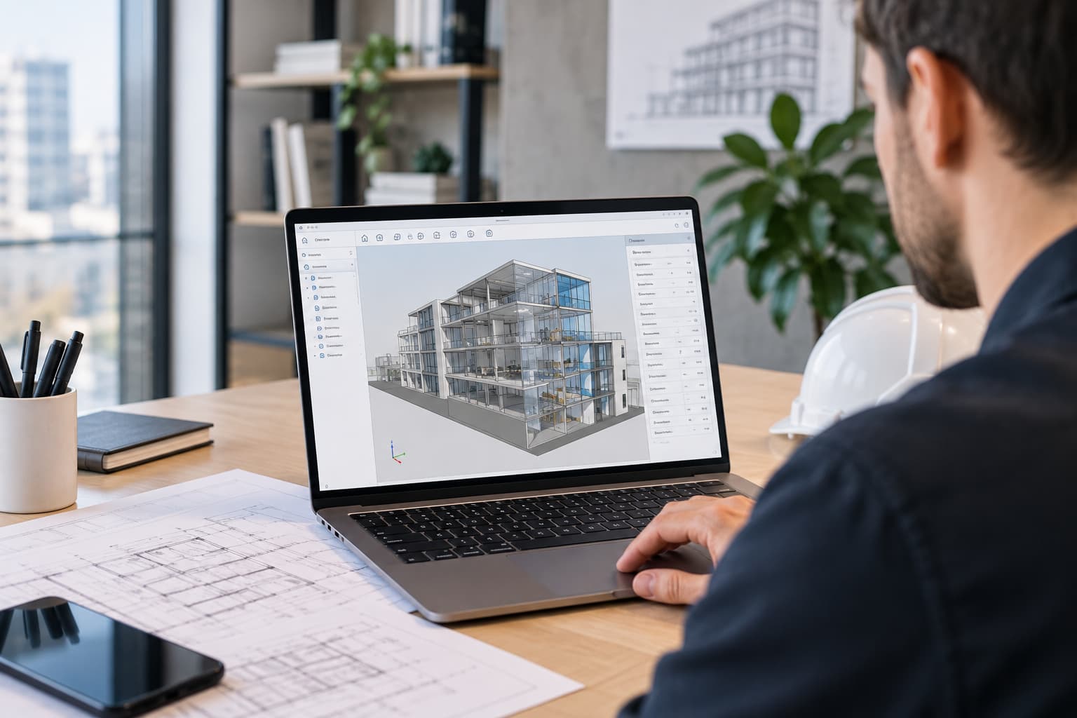 Profesional revisando un modelo BIM 3D de un edificio en un visor IFC desde un ordenador portátil.