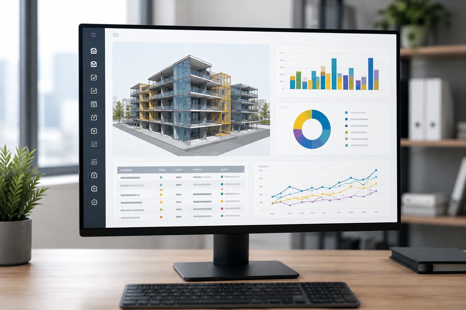 Pantalla con un modelo BIM de un edificio y un cuadro de mando con gráficos con power BI