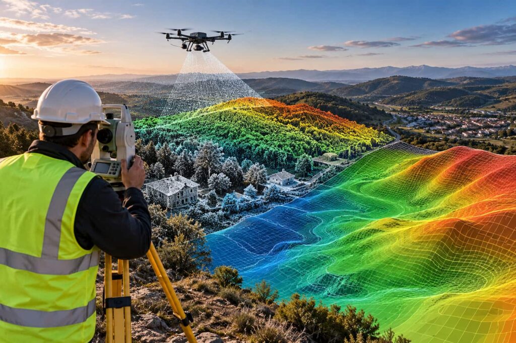 MDT en topografía con modelo digital del terreno, curvas de nivel, levantamiento topográfico